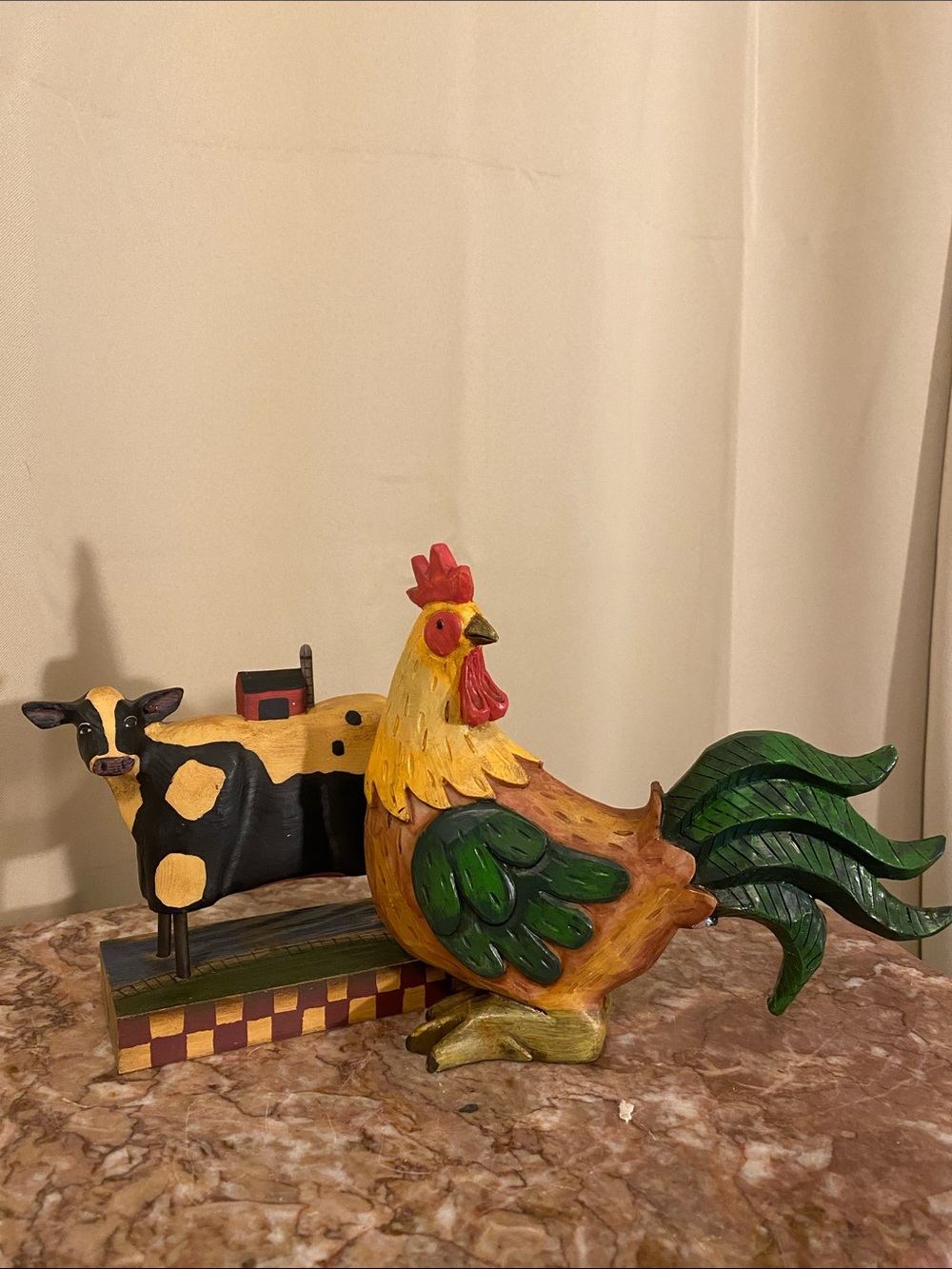 Rustic Farmhouse Hand Painted Rooster & Cow Figurine Set Country Folk Art Decor